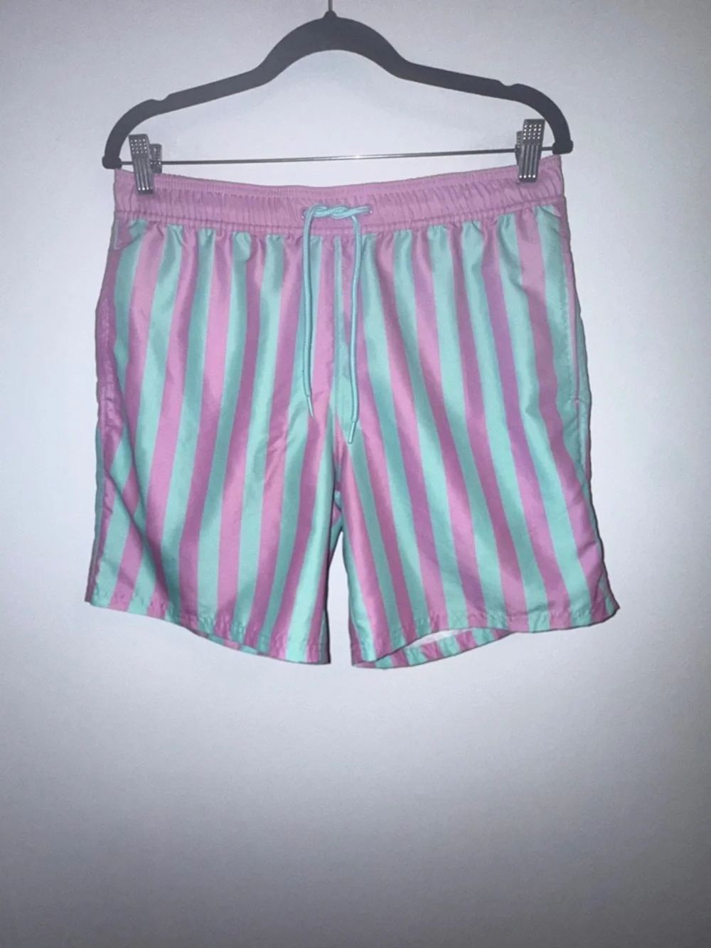 MAD Engine Men’s Swim Trunks Medium Pink Mint Stripe Retro Beach Shorts Lined